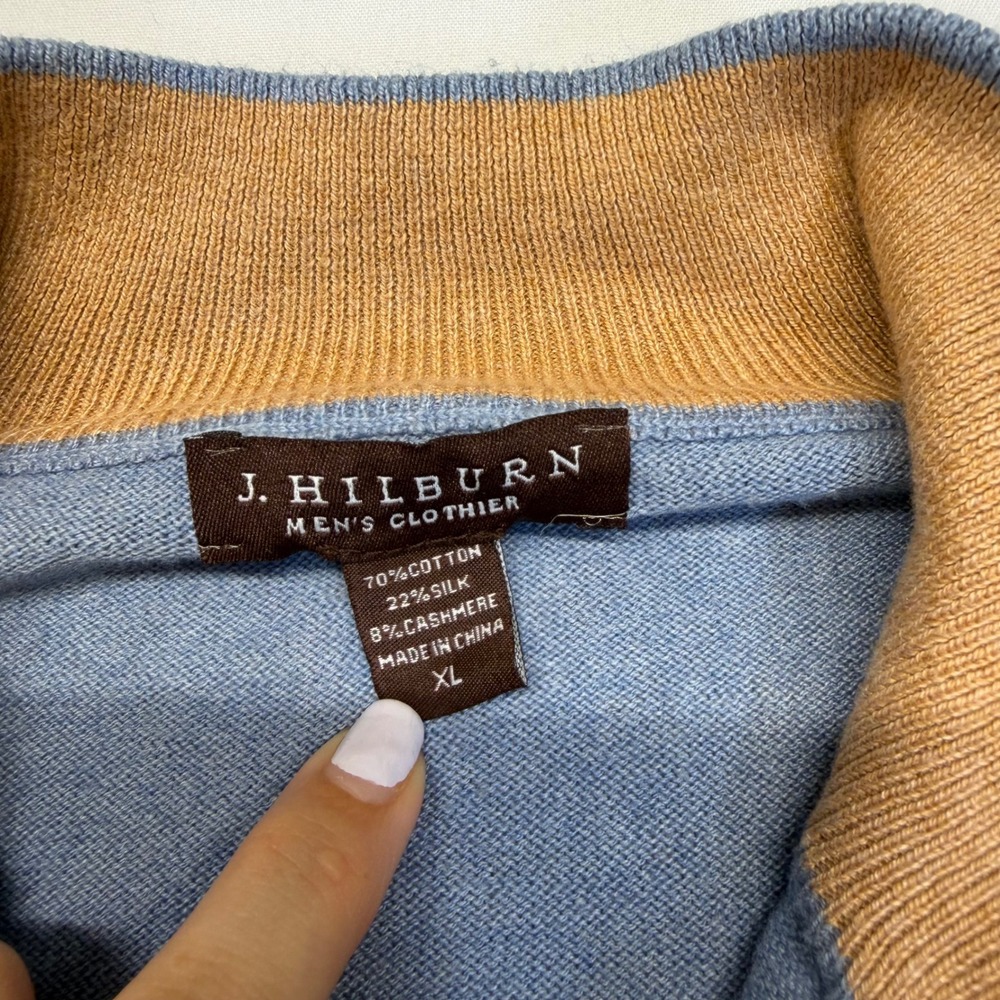 J. Hilburn Sweater Quarter Zip XL Blue Cotton Silk Cashmere Mens Luxury Pullover - Picture 2 of 11